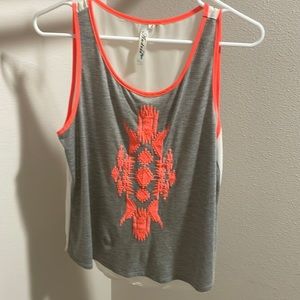 Soft gray tank with neon orange embroidery